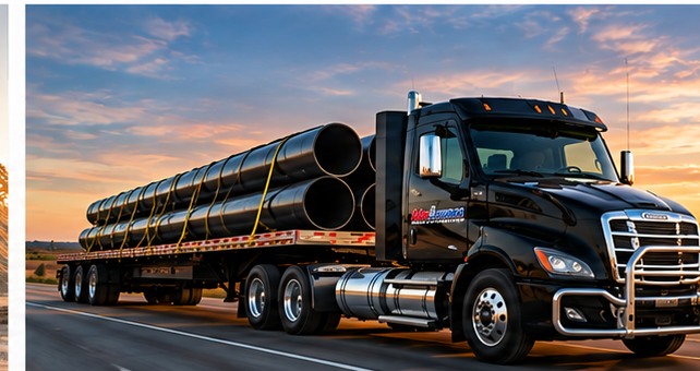 Illustrative rendering of MidAmerica-branded truck hauling pipe on a flatbed